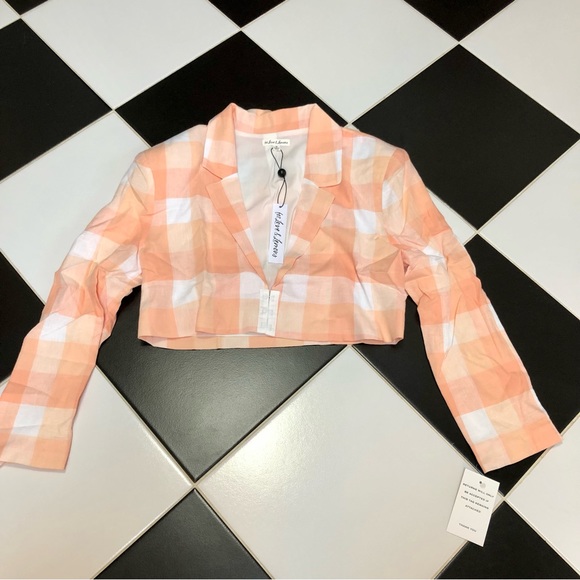 NWT For Love & Lemons Eugenie Cropped Plaid Blazer Jacket Peach Apricot Pastel M - Picture 5 of 10